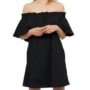 H&M Black Off the Shoulder Ruffle Mini Dress Sz XS Thick Jersey Straight Hem